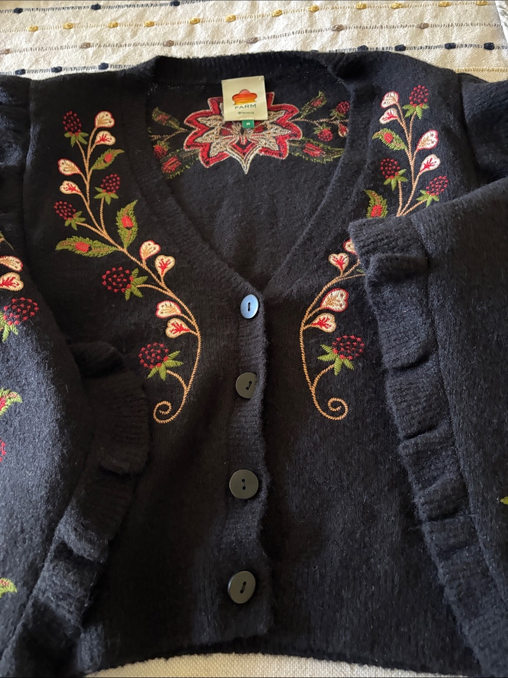 FARM Rio Black Cardigan with Red, Green and Cream Floral Embroidery - Picture 9 of 12